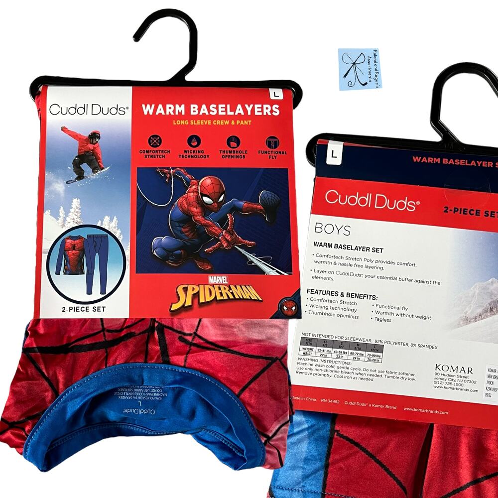 Cuddl Duds Marvel Spider-man Warm Baselayers Top and Bottom Set Kids Sz L